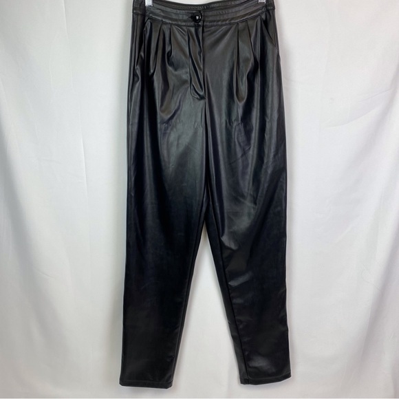 Princess Polly Love Club Black Faux Vegan Leather Straight Pants Pleated Waist - Picture 4 of 16